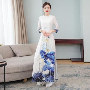 Elbiseler Set İki Kesim Chinesestyle Kadın Giysileri Üst Uzun Pembe Beyaz Rampa Sıradan Antik Benim Günüm Ao Dai VIEEAM 2022 BASKI