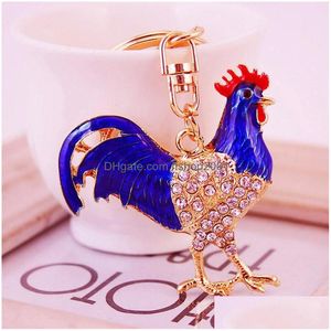 Key Rings Glitter Enamel Alloy Rhinestone Crystal Animal Cock Pendant Car Chains Fashoin Gold Tone Plated Oil Drop Ring Delivery Jewe Dhlez