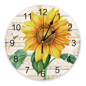 Wall Clocks Flower Sunflower Bee Wood Grain Clock For Modern Home Decoration Teen Room Living Needle Hanging Watch Table