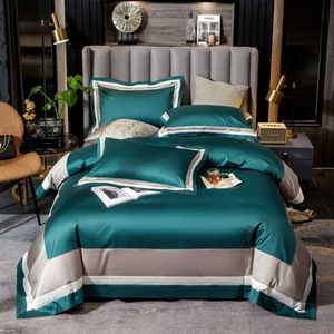 Green Duvet Cover Queen King 4Pcs 1000TC Egyptian Cotton Patchwork Stripe Home Bedding Simple Hotel Easy Care Fitted Bed Sheet 201021