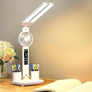테이블 램프 LED 데스크 램프 팬 다기능 터치 나이트 라이트 펜 홀더 램프 de Bureau 연구를위한 충전식 팬