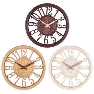 Wall Clocks European Style Hollow-out Wooden Clock 3D Big Digits Round Shaped Art Kitchen Home Office Decor