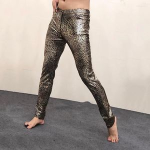 Calça Masculina Masculina Anos 70 Disco Dance Palco Pu Couro Sexy Leopard Metálico Stretch Calça Boate Festa Prom Pantalones Hombre