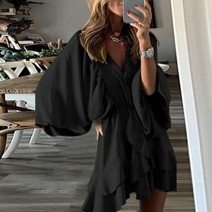 Casual Dresses For Women Wedding Guest Puff Sleeves Ruffle Mini Dress V Neck Solid Pleated Babydoll Outfits Ladies Sundress