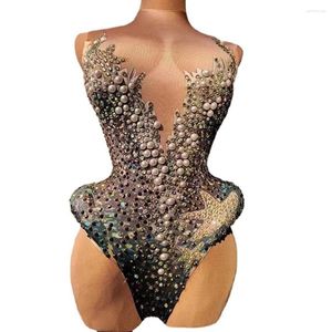 Abbigliamento da palcoscenico Strass multicolori Tuta in spandex con stampa di perle Spettacolo di danza Costume senza maniche Abito da sera per compleanno Haidenver