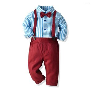 Kleidungssets mit langen Ärmeln, für Babys, gestreiftes Kleid, modisches Hemd, feste Hosen mit Gürtel, Kinder-Outfits, Kleinkinder-Set für 1–6 Jahre