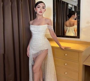 Sexy Glitter Short Prom Formal Dress 2023 Sheath Off Shoulder Sequined Women Evening Birthday Party Gowns Celebrate Outfit Wear Robe De Soiree