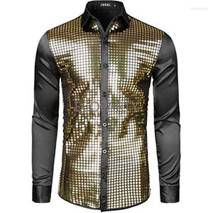 Camisas casuais masculinas Primavera Metálico Lantejoulas Glitter Shirt Masculino 2023 70's Disco Party Traje de Halloween Chemise Homme Performance de Palco