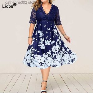 Party Dresses Spring Autumn Harajuku V-Neck Patchwork Lace Solid Half Sleeve Elegant Sexy Hem Floral Printing Basic Pullover Midi Dress Women T230602