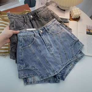 Kvinnors shorts sommarblå svart mode hög midja skarvad fast färg oregelbunden a-line bred ben denim kvinnlig 230602