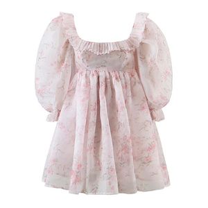 Kleider Sommer Damen Süßes Rosa Blumendruck Organza Kleid Damen Rüschen Quadratischer Ausschnitt Puffärmel Urlaub Prinzessin Partykleid Kurze Robe