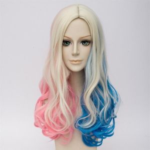 Sudycion Squad Harley Quinn Wig Curly Blond Pink Blue Mixed Hair Wigs100% Zupełnie Nowy wysokiej jakości obraz modowy F201E
