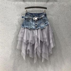 Jeans sommar mini tutu tyll kjol gotiska punk kvinnor hög midja oregelbundna denim kjolar mode smala lapptäcke korta jeans jupe femme