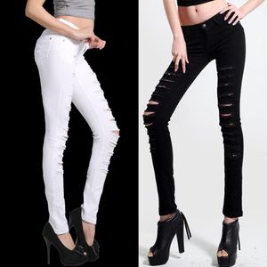 Perforated jeans, women's pants, elastic slim fitting white pencil pants, Korean version, slimming black leggings, street trendsetters