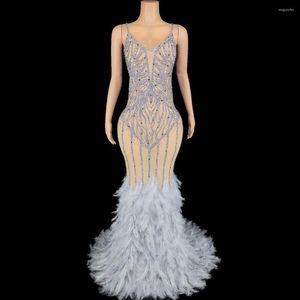 Stage Wear Women Sparkly Strass Feathers Strap Maxi Sexy Celebriate Birthday Evening Prom Dress Pography Performance Costume