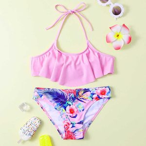 Costumi da bagno per bambini 7-14 anni bikini set fiore tropicale due pezzi costume da bagno per bambina pieghettato costume da spiaggia P230602