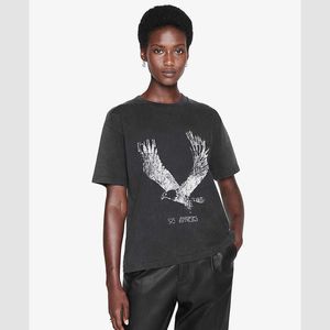 Bings Eagle Print T-shirt stekt snöflinga färg tvättdesigner tee kvinnor svart kortärmad t-shirt toppar polos