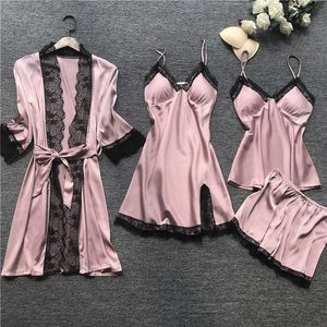 Womens Sleepwear Women Pajamas Sets Satin Silk 4 Pieces Nightwear Pyjama Strap Lace Sleep Lounge Pajama With Chest Pads 230601