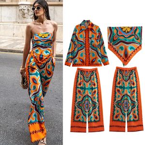 Calça Feminina de Duas Peças Calça Feminina de Duas Peças TRAF Conjunto de Calças de 2 Peças Moda de Verão Suspensórios Estampados Cintura Elástica Ternos Femininos Chique Elegante Conjunto Festivo 230601