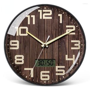 Zegary ścienne Kreatywne ziarno drewna świetlisty zegar LCD Temperatura i wilgotność Europejska nowoczesna design reloJ de pared
