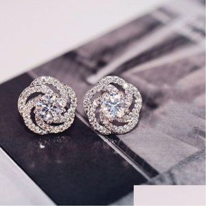 Stud Fashion Women Earring New Trendy Sier Color Rose Flower Shiny Zircon Crystal Orecchini Ladies Jewelry Gift Drop Delivery Dhtb7