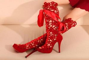 Summer new style flock kneehigh boots cut outs sexy nightclub thin high heels sandals women classic peep toe pumps lady shoes hee5269933