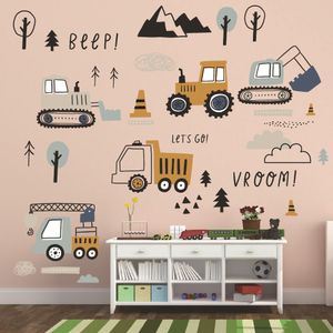 Karikatür Mühendislik Araçları Duvar Kapı Stickers Excavator İnşaat Kamyonu Araba Pencere Sticker Çocuklar Tedavi Yatak Odası Dekorasyon