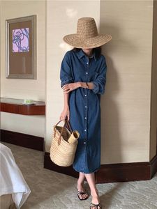 Casual Dresses Turn-Down Collar Button Denim Shirt Dress Midi Långärmning Vintage Spring Korean Blue Vestido de Mujer Loose Femme Robe