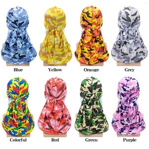 Boinas Unissex Imitação de Seda Durag Boné Pirata Cores Contraste Camuflagem Bandana Turbante Chapéu Cauda Longa Ciclismo Gorro Envoltório de Cabeça