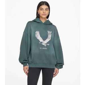 Women Designer Washed Hoodie Green Spray Fried Eagle Print Fleece Worn Hooded Sweater Pullover Sweatshirts