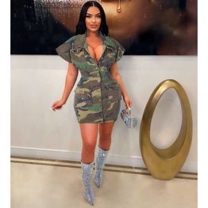 Party Dresses Camouflage Mini Cargo Dress Sexig Women Summer Slå ner krage Kort ärm Single Breasted Slim Tight Tickets Casual Dresses T230602