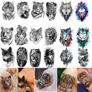 Tattoos 50Pcs Wholesales Waterproof Temporary Tattoo Sticker Tiger Lion Wolf Forest Man Big Sexy Flower Women Body Arm Art Fake Tattoos