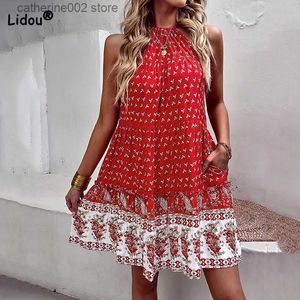 Sukienki imprezowe Summer bohemian halterneck kołnierz vintage kwiatowy druk bez rękawów seksowna sznurowanie wakacyjna wakacje na plażę huśtawka midi sukienka T230602