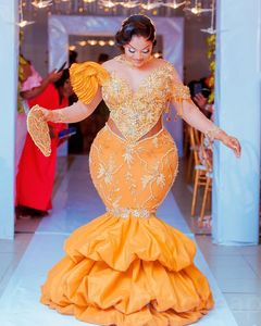 2023 May Aso Ebi Orange Mermaid Prom Dress Beaded Crystals Satin Evening Formal Party Second Reception Birthday Engagement Gowns Dresses Robe De Soiree ZJ342