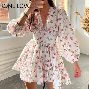 Basic Casual Dresses Women Floral V neck Puff Sleeve Lace Sweet Short Dress 230601