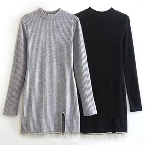 Casual Dresses Withered Dress Women Fashion Elegant Rib Knitted With Jewellery