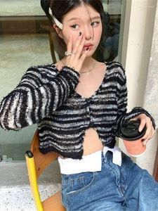 여자 니트 빈티지 여름 얇은 줄무늬 가디건 여성 캐주얼 크롭 고양이 한국 패션 스무크 y2k 섹시한 스트리트웨어 그런지 kardigan