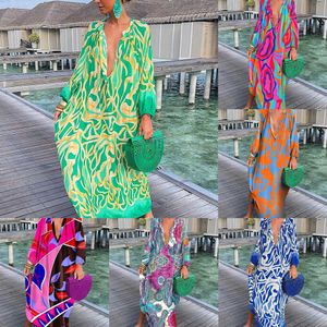 Abiti casual per donna 2023 Summer Fashion Vintage Maxi abito allentato Sexy scollo a V manica lunga Boho Print Gonna lunga da spiaggia