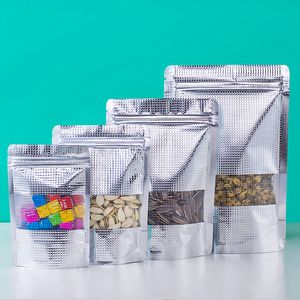 100pcs 스탠드 업은 엠보싱드 알루미늄 호일 창문 Zip Lock Bag Resealable Visiable Display Food Coffee Coffee Coffee Miat Mruits Beans 포장 파우치