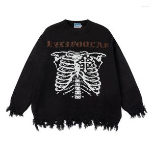 Men's Sweaters Oversized Hip Hop Skeleton Fashion Hi Street Pullover Jumpers With Skull Pattern Streetwear Ripped Tops Outerwear