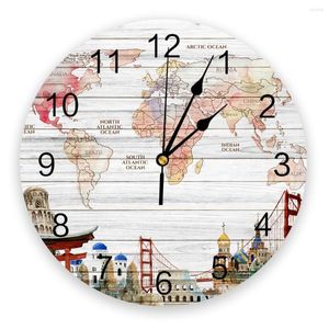 Wall Clocks Wood Board Map Famous Buildings Clock Kitchen Home Living Room Bedroom Decorative Kids Decor Hanging