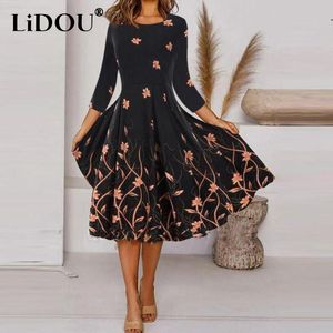 Klänningar våren höst 5xl o nacke elegant modetryck midi klänning kvinnor 3/4 ärm Slim casual aline vestidos de fiesta robe klänningar