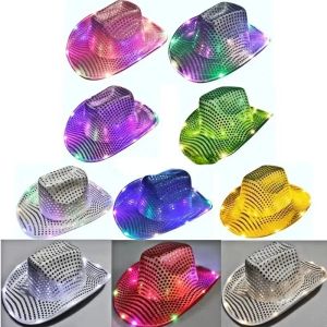 Party Hatts Space Cowgirl LED HAT FLASKING Light Up Sequin Cowboy Hats Lysande Caps Halloween Costume Supply