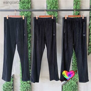 Men's Pants Full Black Needles Pants Men Women High Quality Velvet Butterfly Embroidery Dark Grey Ribbon Needles Track Pants Trousers T230602