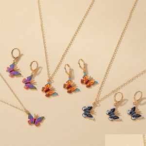 イヤリングネックレスColorf Butterfly Girls Fashion Insect Jewelry Set Birthday Gifter Drop Drearchs Sets Dhljk