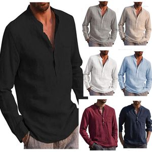 Men's Casual Shirts Cotton Linen Men's Long-Sleeved Summer Solid Color Stand-Up Collar Beach Style