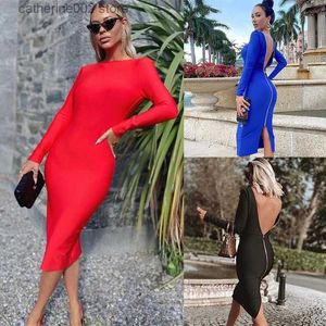 Party Dresses Spring Summer Fashion Sexy O-Neck Backless Long Sleeve Solid Back Zipper Midi Dress Women's Clothing 2022 Oversized Dresses T230602