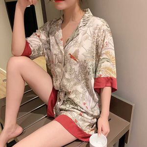 Sexy Pyjamas 2 Stück Damen Set Frühling Sommer Kurzarm Pyjamas für Frau Seide Mode Nachtwäsche Blumen Vogel Print Sexy Satin Pyjama Set J230601