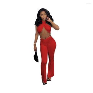 Women's Two Piece Pants Red Pieces Women Sets Fashion Sleeveless Backless Sexy Halter Crop Top Gym Long Suit Sportswear 2 Set Blac