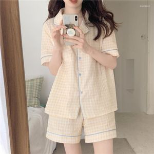 Roupa de dormir feminina coreana xadrez verão casa terno feminino algodão linho doce conjunto de pijamas manga curta blusa shorts roupa de casa